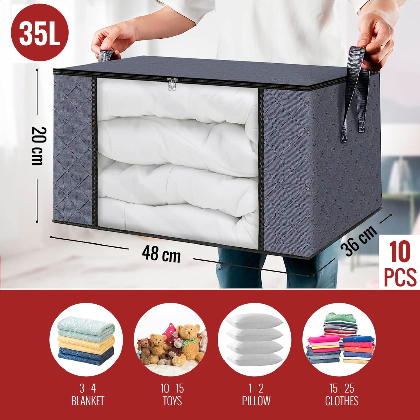 edihome, Clothes Storage Bag, (10 pieces), Wardrobe Organiser, with Reinforced Handles, Heavy Duty Cloth Pouches with Transparent Window