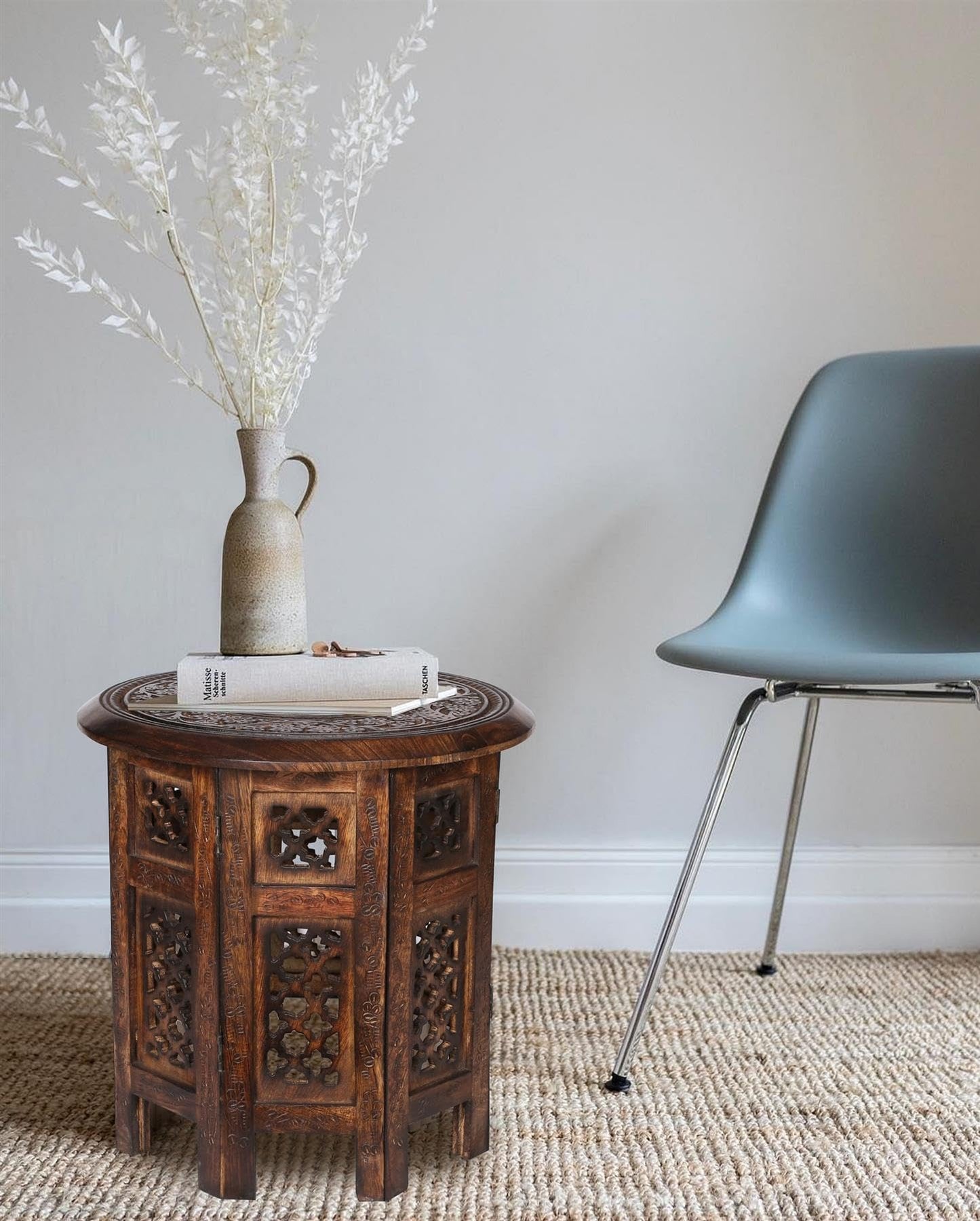 topfurnishing Beautiful Round Hand Carved Indian Wooden Coffee Table [Maghony,Large 18"x18"x18" 45.7cm]