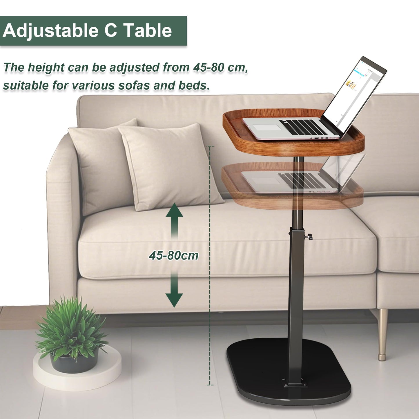 Adjustable Height C Shaped Side Table, Lift up Laptop Tv Tray for Sofa and Bedside, 360°Swivel Small Coffee C Table, Modern Under Sofa Table