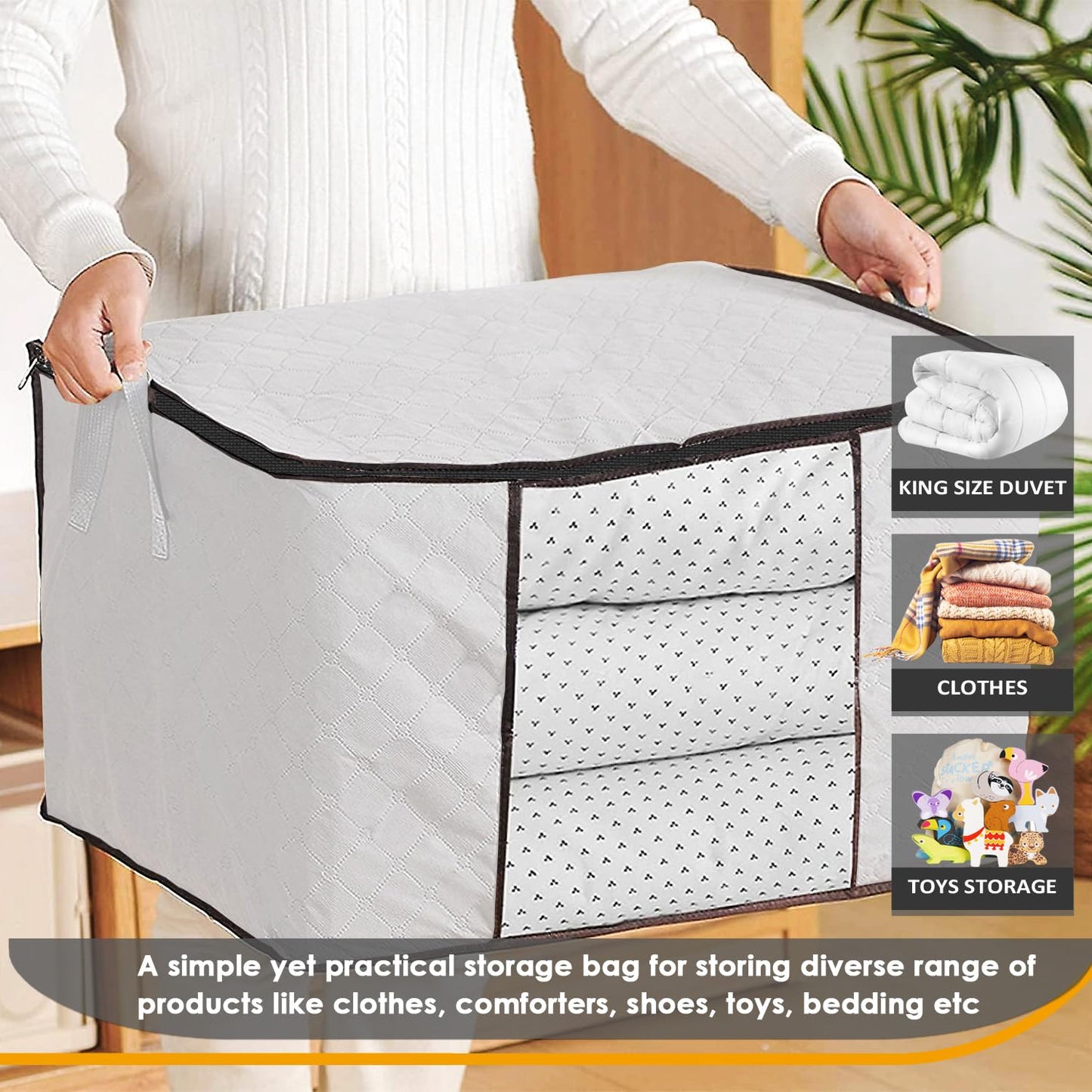 KURNI Storage Bags | Clothes Organizer Boxes, Foldable 6 Pack White, 90L Capacity, 3 Sided Zipper Moving Large Bag. Dust & Moisture Proof