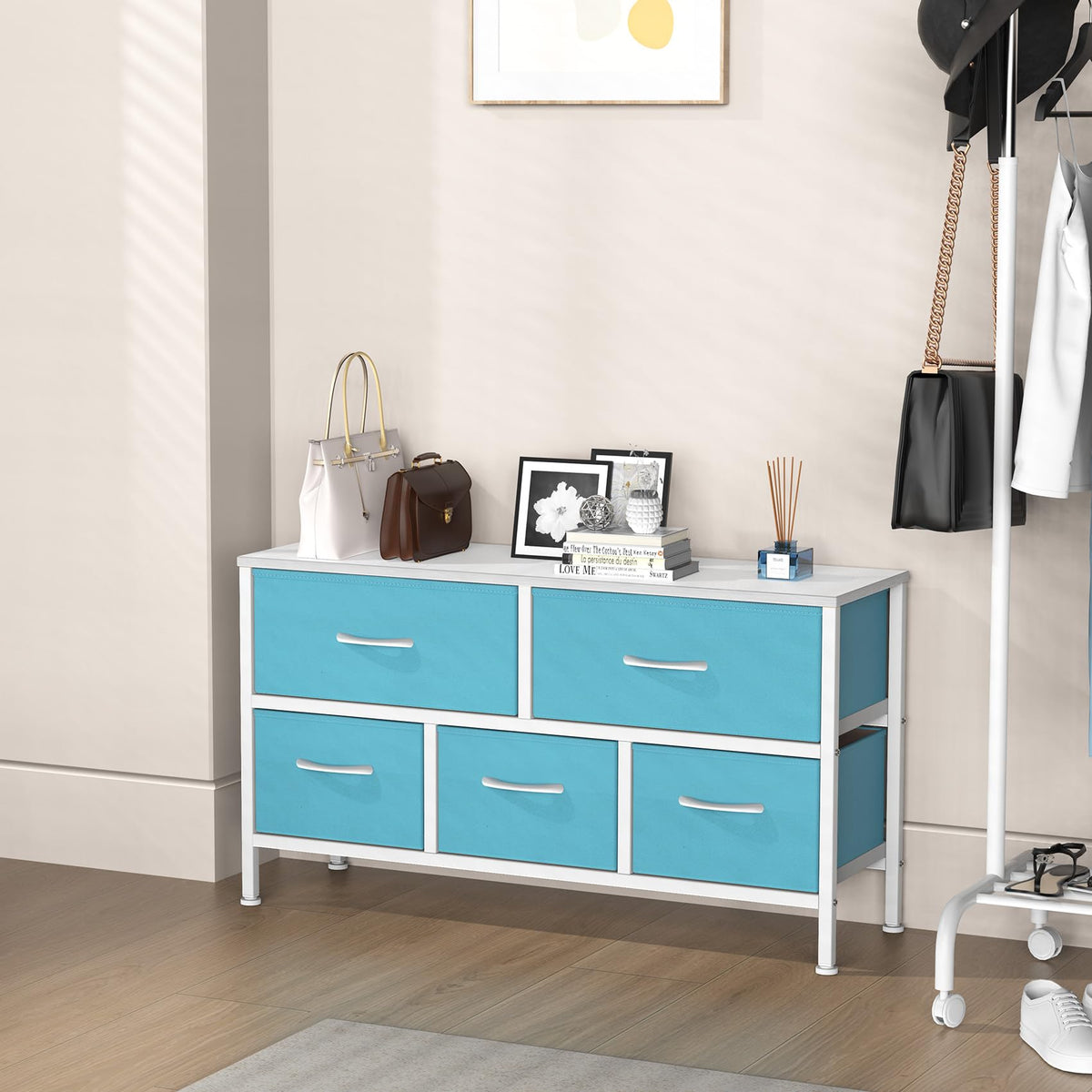 Feonase Bedroom Chest of Drawers, 5 Fabric Drawers Dresser with Metal Frame and MDF Top Board, Modern Storage Unit for Bedroom Living room, Entryway
