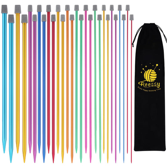 Reessy Coloured Knitting Needles Set-35cm Long, 28 Pcs/14 Pair 2 mm-10 mm Aluminium Single Pointed Needle, Long Knitting Needles, Straight Metal