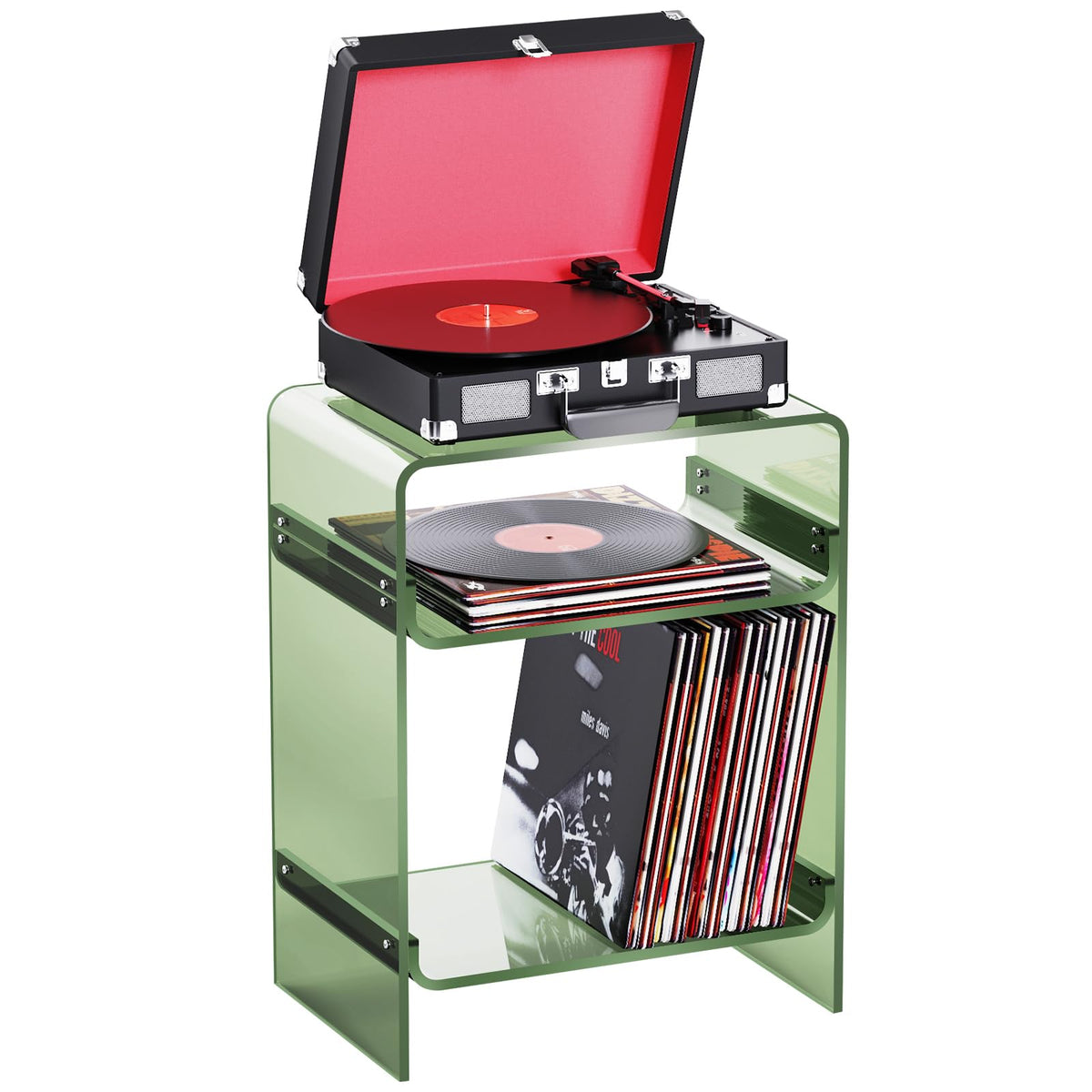 Acrylic Record Player Table with Storage Shelf, Clear Side Table, Nightstand Green, 45×30×58 cm, Acrylic