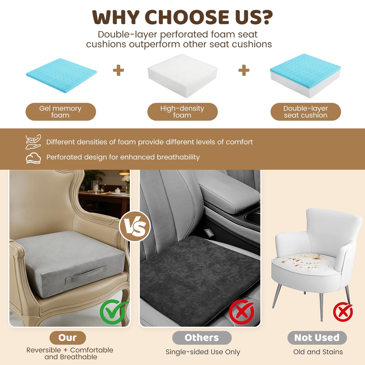 Recliner Cushions for Elderly 50* 50*12.5cm Grey Armchair Booster Cushion Large Dual-Layer Memory Foam Seat Chair Recliner Sofa Cushion Pad Support