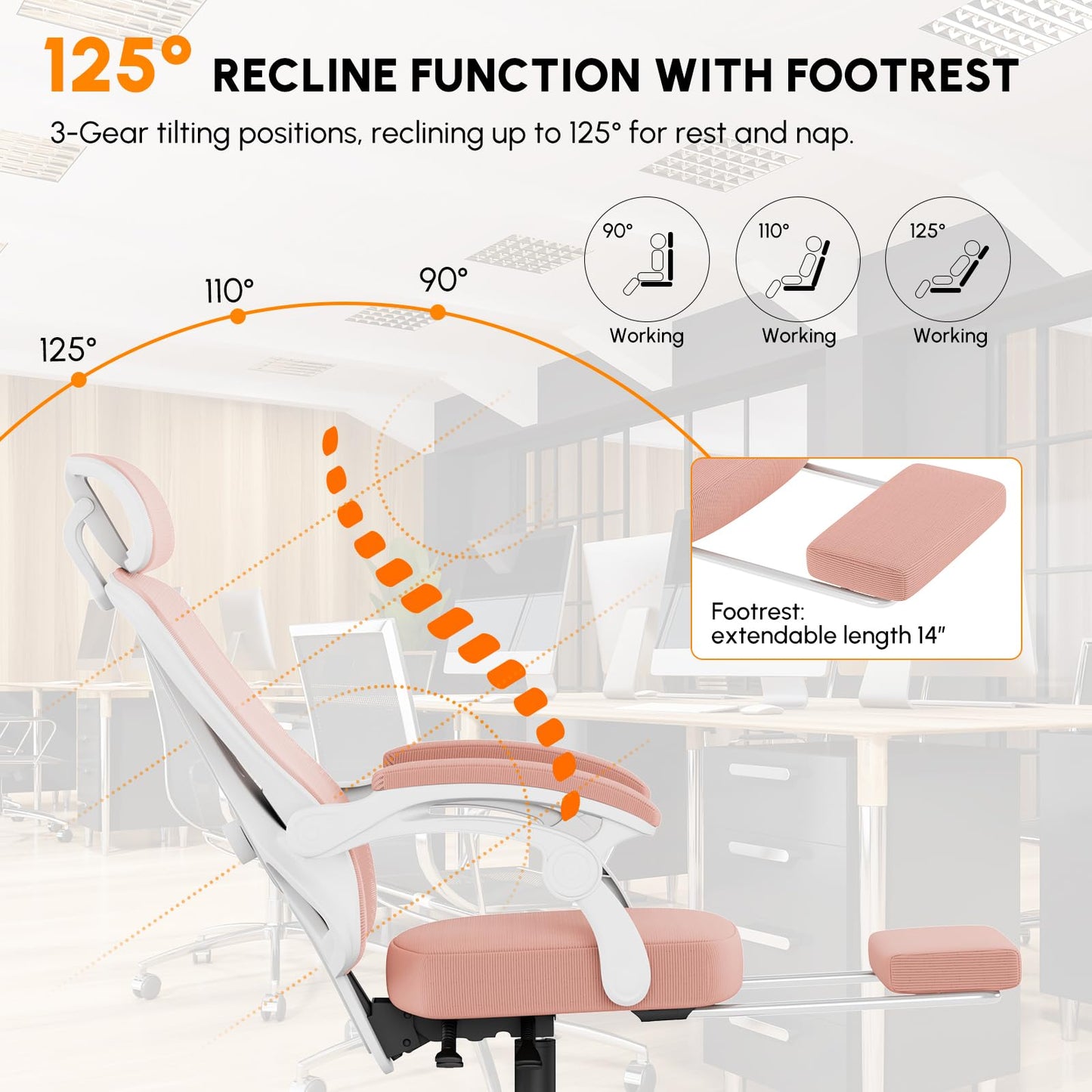 HapGIFT Pink Office Chair Ergonomic Desk Chair with Adjustable Headrest, Mesh Computer Chair with Footrest for Adults Girls Women