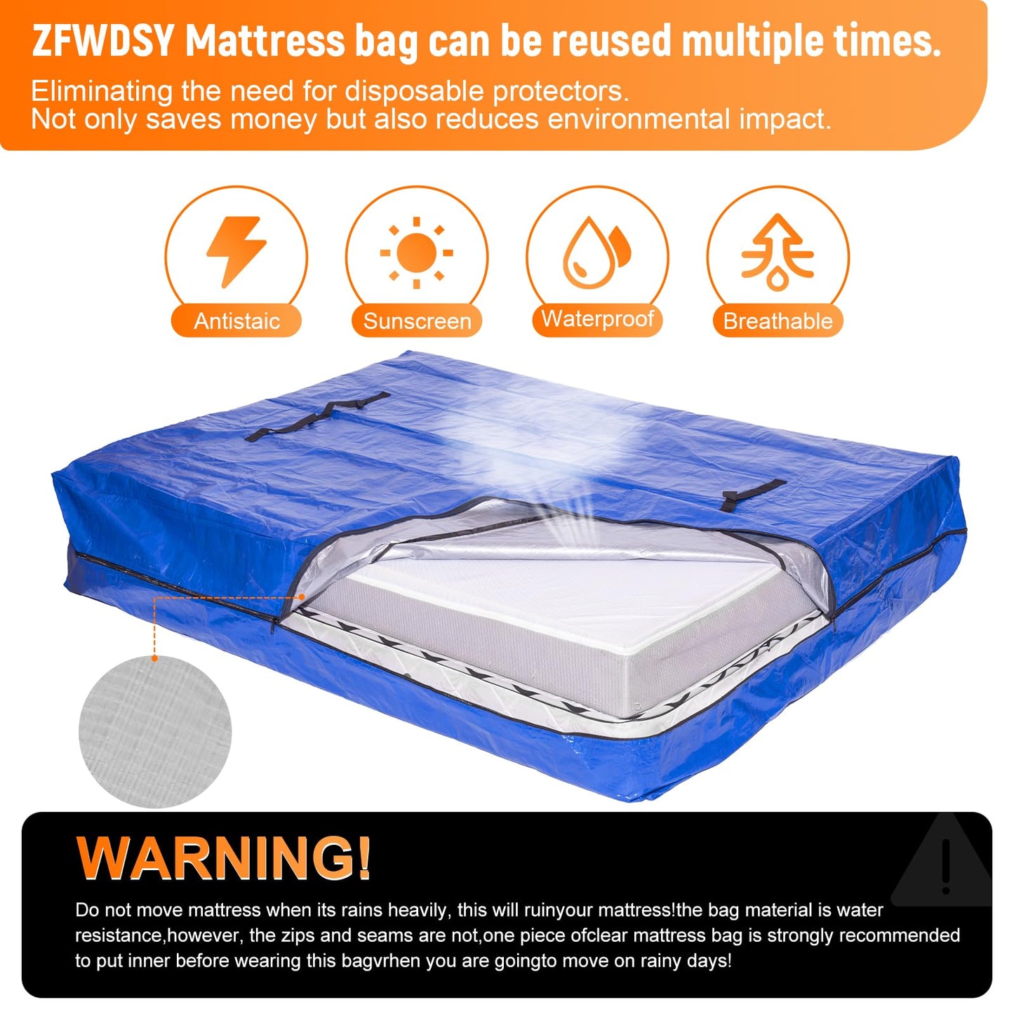 Mattress Moving Bags for Storage Mattress Cover Protector Moving Boxes Alternatives With Heavy Duty 8 Handles