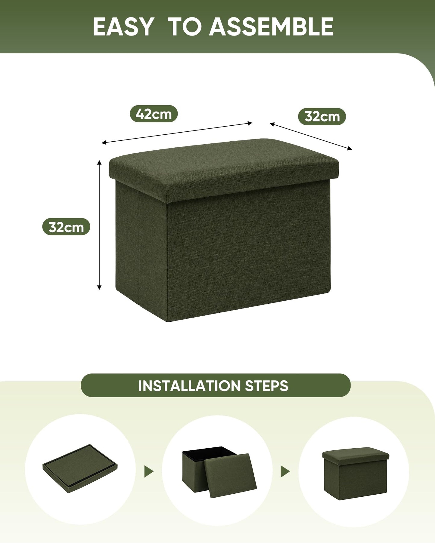 Bonlife Ottoman Storage Box - Foldable Rectangular Footstool for Living Room, Kids Toy Chest with Lid, Multi-Use Seat & Storage, Olive Green
