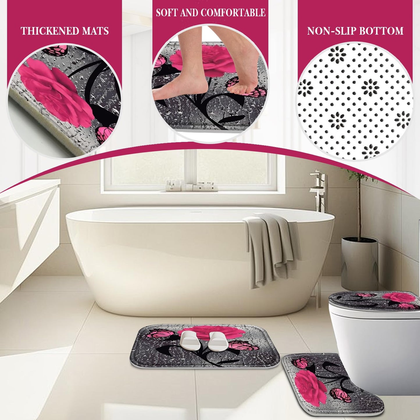 BXFUL 4 Piece Waterproof Shower Curtain Set for Bathroom-Rose-Non-Slip Bath Mat and 12 Hooks,Curtain Set with Rug,Toilet Lid Cover Bathroom