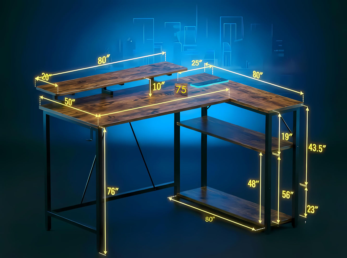 Xyphren L Shaped Gaming Desk with RGB LED Lights & Power Outlets,Corner Computer Desk with Adjustable Shelves