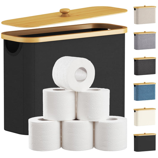 Lifewit 23L Toilet Roll Storage, Bathroom Storage Box Holder Stand with Lid, Bamboo Multifunctional Toilet Paper Basket Cabinet with Handle, Black