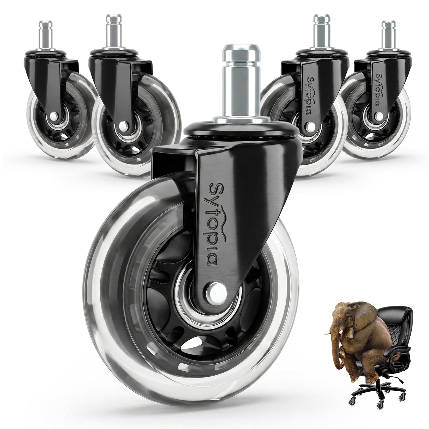 Office Chair Caster Wheels (Universal Stem Size: 11 x 22 mm, Matte Black)