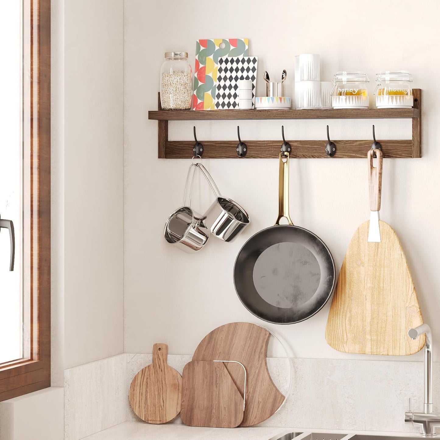 AMBIRD Wall Hooks with Shelf - 73.5cm Length Entryway Wall-Mounted Wooden Coat Hooks with Integrated Shelf