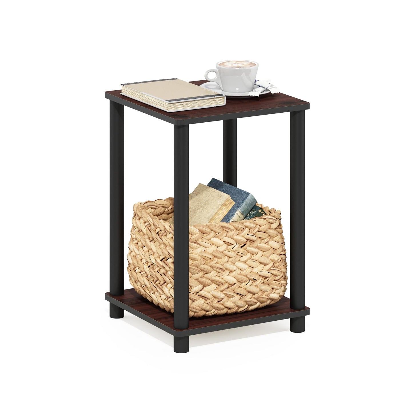 Furinno TURN-N-TUBE Side Table, 2-Tier End Table with Open Shelf, Toolless Night Stand, Bedside Table, for Living Room, Bedroom, Dark Cherry
