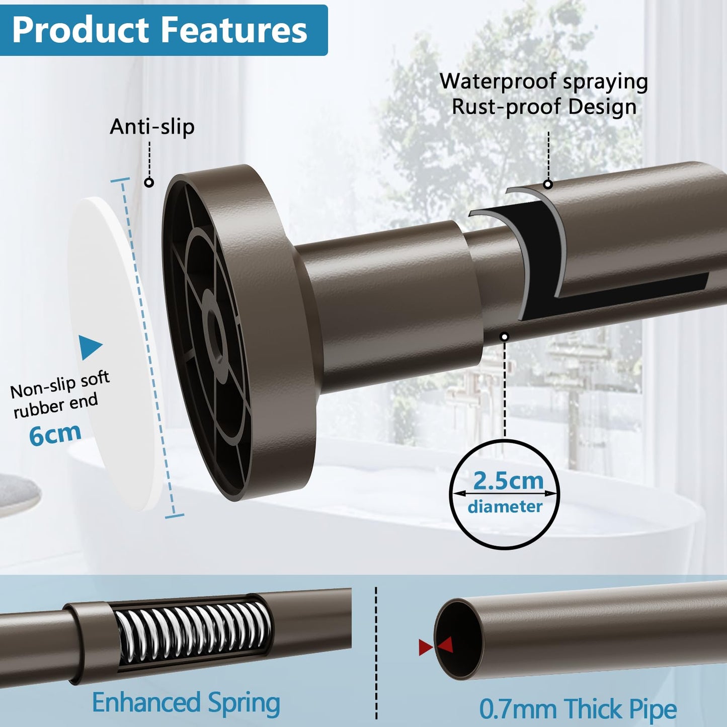 WELDUN Extendable Curtain Tension Rod, 48-226CM No Drill Telescopic Shower Curtains Rail, Adjustable Strong Spring Rod for Window Bathroom, Bedroom