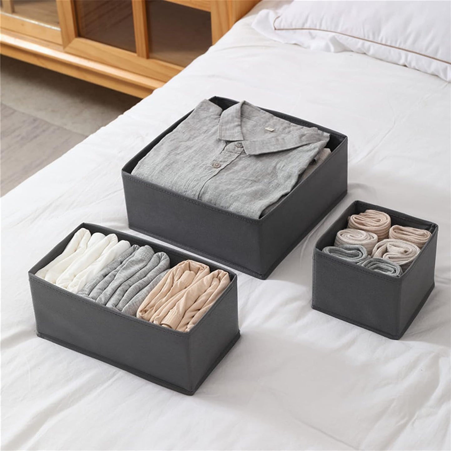 DIRXVMC Sock Underwear Drawer Organisers 3 packs Dresser Drawer Organizers Foldable Wardrobe Storage Box Fabric Drawer Dividers for Bra, Socks