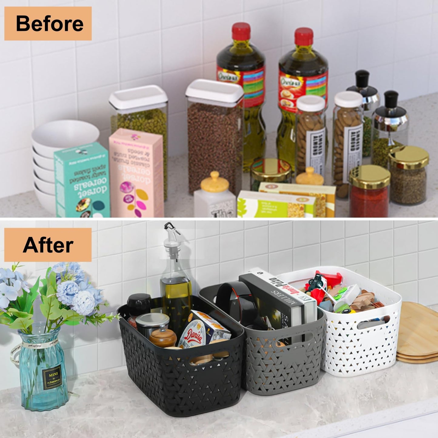 Sagittar Set of 4 Storage Boxes with Bamboo Lid, Plastic Storage Baskets, Imitation Rattan Baskets, Minimalist Storage Boxes for Desks, Coffee Tables