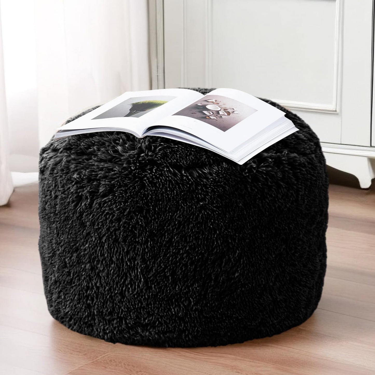 HIGOGOGO Faux Fur Beanbags Round Footstool Bean Bag Pouf with Foam Chunk Filling, 50 x 35 cm Floor Poufs Foot Rest for Living Room, Black