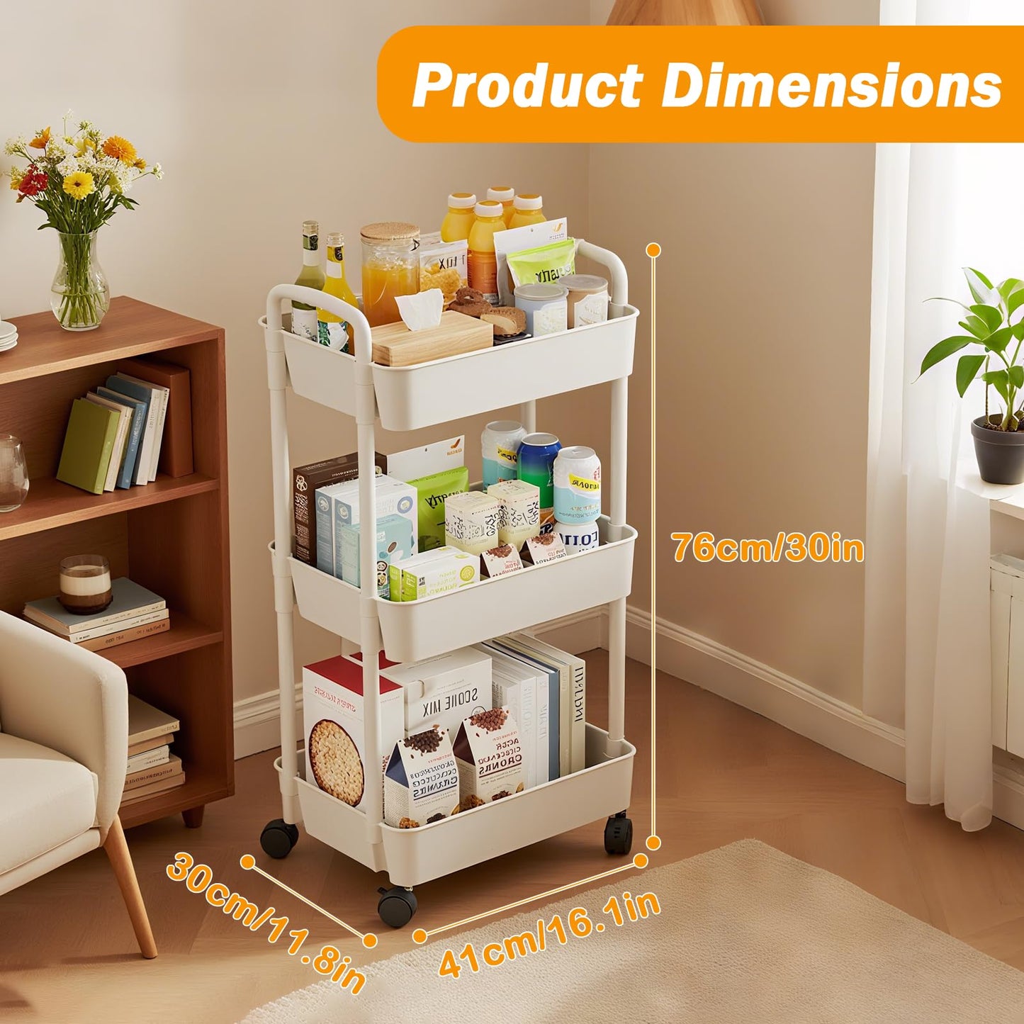 Eidoct Beauty Trolley on Wheels 3 Tier Storage Trolley with handle Space-Saving Beauty Trolleys Rolling Utility Cart Craft Trolleys on Wheels for