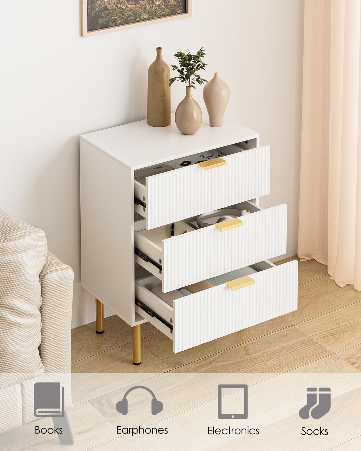 Apetaccat Bedside Table with 3 Drawers, Modern Bedside Cabniet with Metal Legs, Fluted Nightstand, Side Table for Bedroom, Living Room, Office
