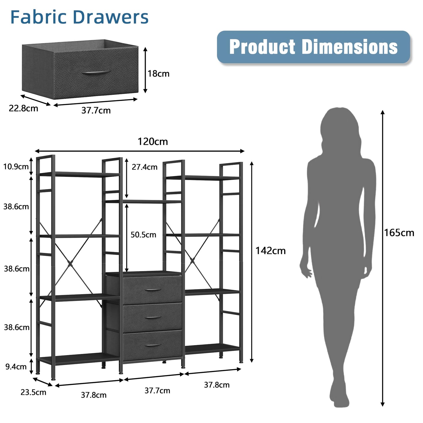 OYRREU 4-Tier Bookcase with Drawers, 120cm Wide Black Shelving Unit