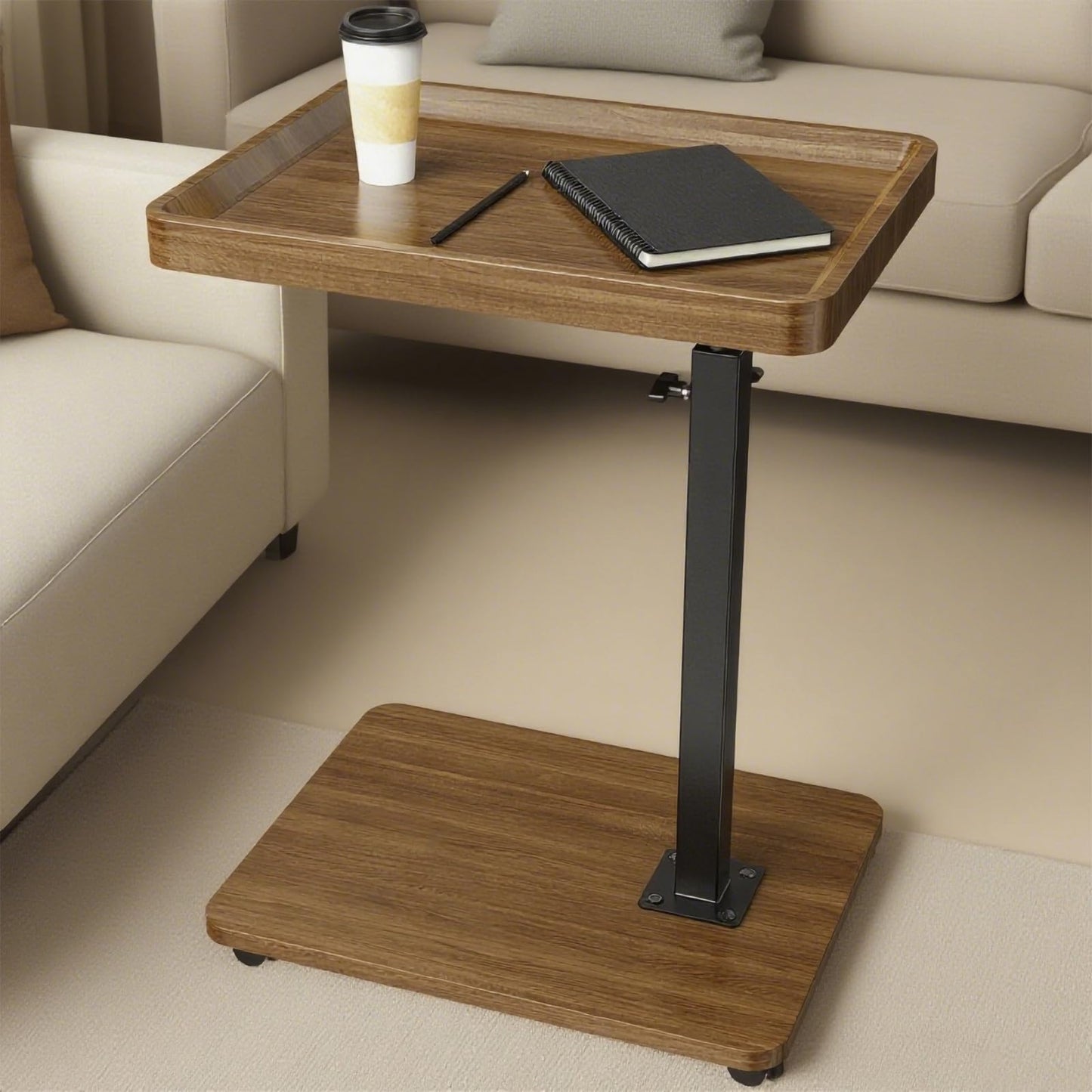 Lnopever Adjustable Side Table C Shaped Side Table with Wheels ＆ 360° Swivel Tray, Swivel Side Tables for Living Room