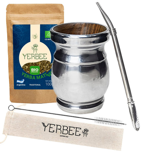 YERBEE Yerba Mate Ritual Set: Palo Santo Mate Gourd 250 ml (wood with aluminum coating) - Stainless Steel Bombilla 19 cm - Organic Yerbee Mate