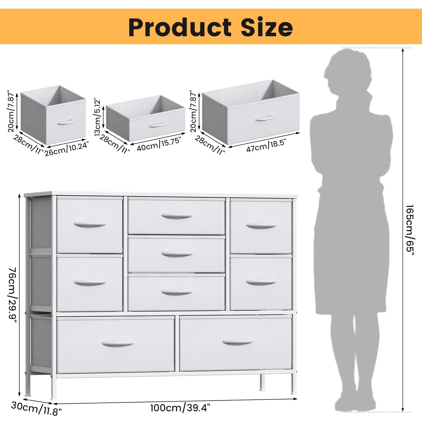 Feonase Chest of Drawers,Bedroom Dresser with 9 Fabric Drawers, Metal Frame & MDF Wood Top, Adjustable Feet, Storage Organizer Unit for Bedroom