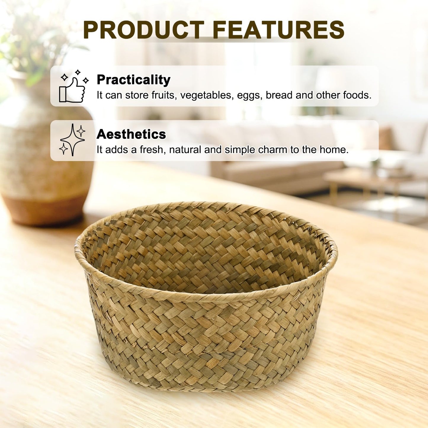 M METERXITY 3-Pack Natural Seagrass Woven Storage Basket, Small Round Storage Seaweed Woven Sundries Baskets for Fruit/Kitchen/Desktop/Household