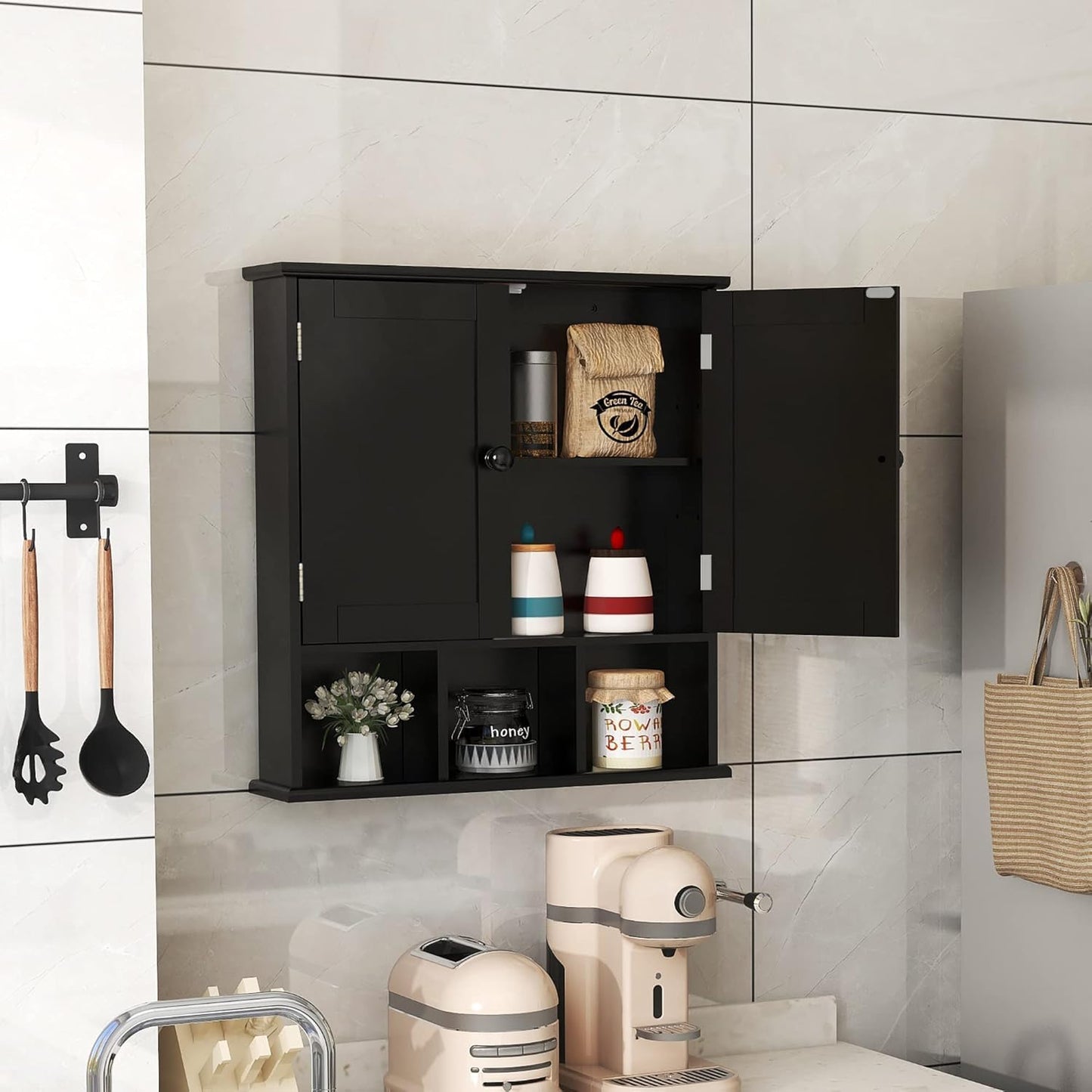 Wall Cupboard, Bathroom Cabinet, Hanging Medicine Cabinet, Medicine Cabinet, Two-Door Wooden Bathroom Cabinet with Adjustable Shelves and Open