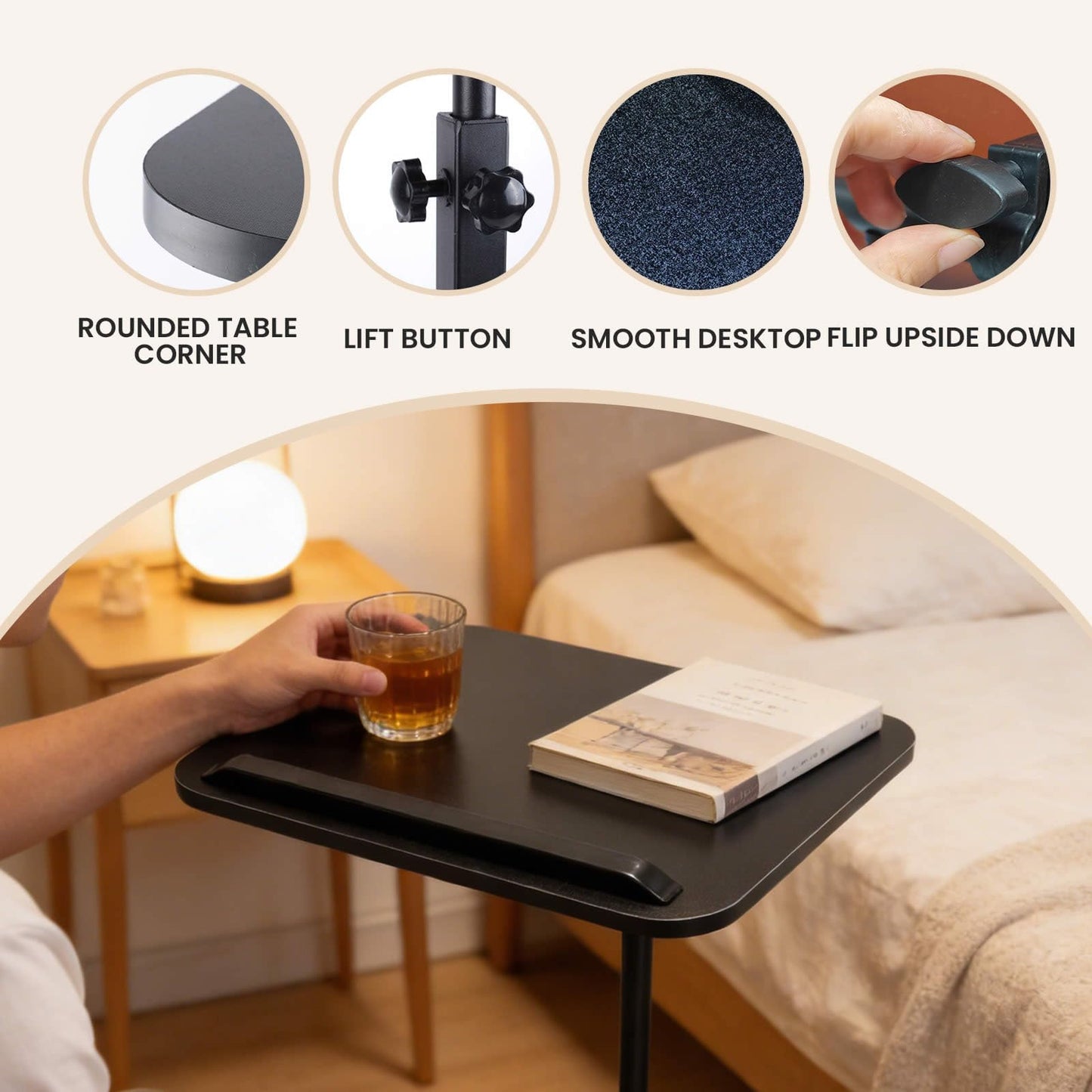Vixtte 360° Rotating Coffee Table with Slots, Adjustable Height C-Shaped Side Table, Multi-Functional Sofa Side Table/Bed Table (Black)