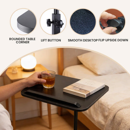 Vixtte 360° Rotating Coffee Table with Slots, Adjustable Height C-Shaped Side Table, Multi-Functional Sofa Side Table/Bed Table Black