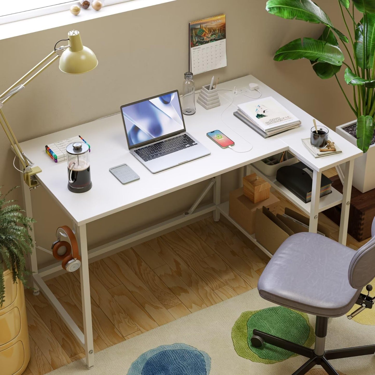 DOMSHOCT L Shaped Desk with Power Outlets&Hooks, 100x70cm Corner white Vanity Table Computer PC Desk, Large Storage Reversible Shelves, Home Office