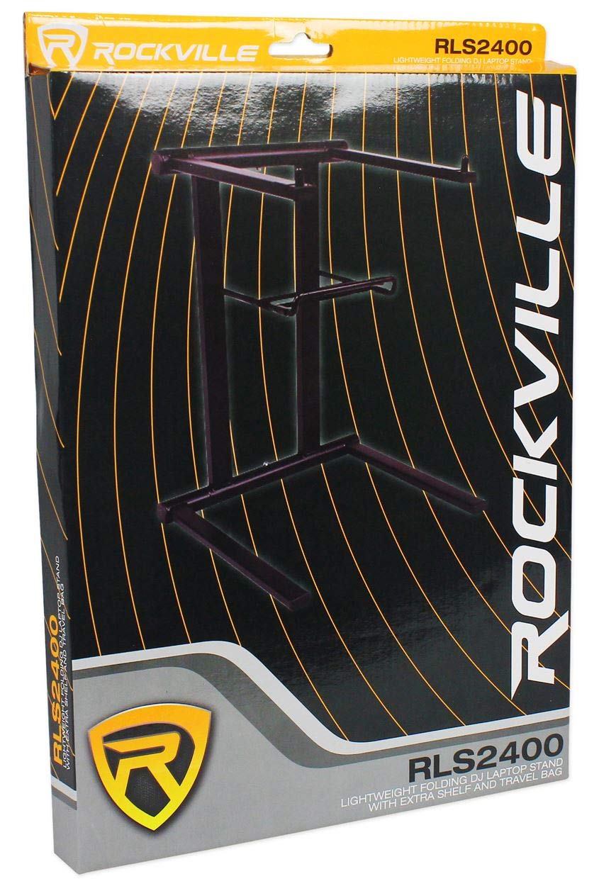 Rockville RLS2400 Lightweight Folding DJ Laptop Stand, Adjustable Height, Extra Shelf, Travel Bag, for DJs and Mobile Performers