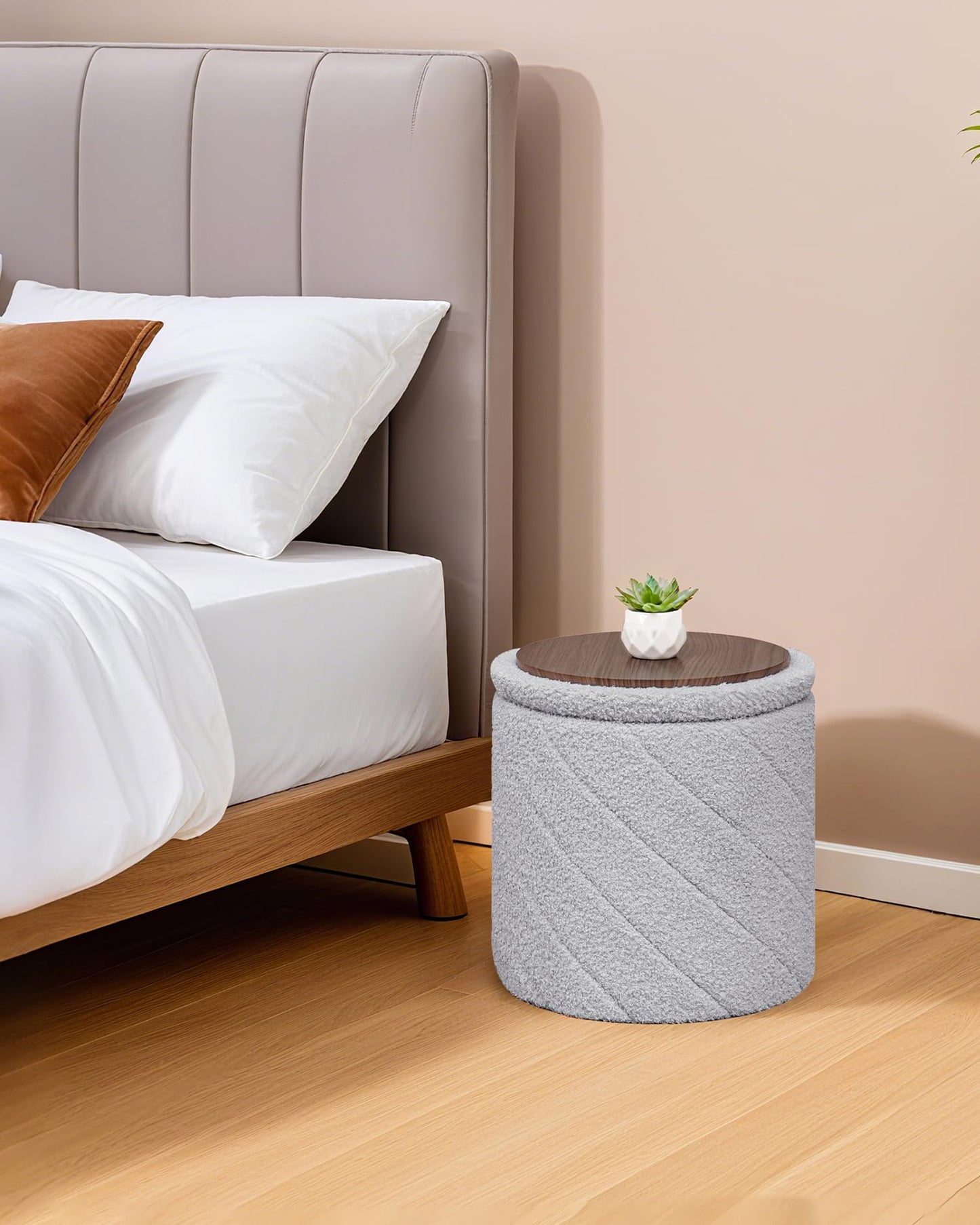 Bonlife Folding Round Ottoman Stool with Storage,Dressing Table,Grey,33cm