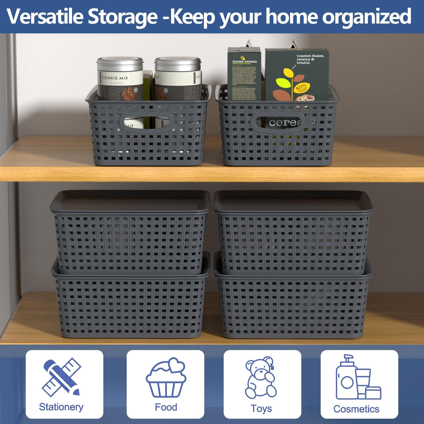 Vadidiya 6 Pack Plastic Weave Storage Baskets with Lids, Grey lidded Bins