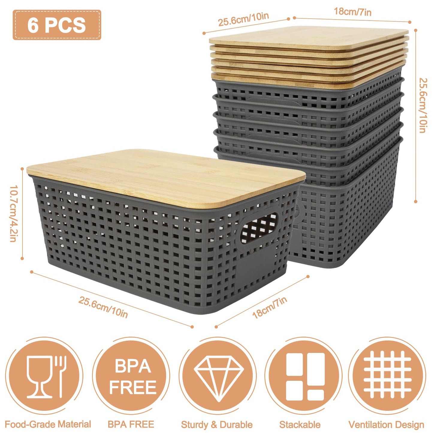 UHAPEER 6 Pack Stackable Plastic Storage Baskets with Bamboo Lid