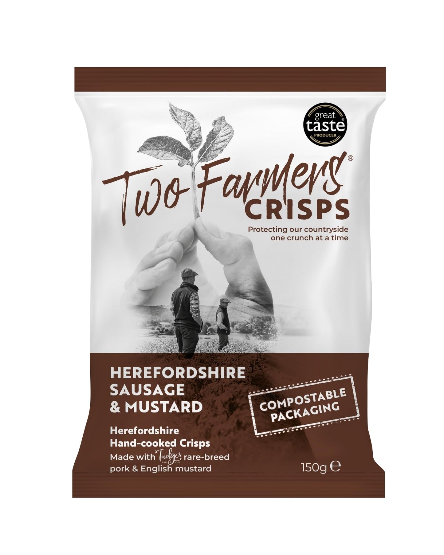 Two Farmers Crisps, Herefordshire Sausage & Mustard Hand Cooked Crisps, Gluten Free, 100% Compostable Bags, 12 x 150g
