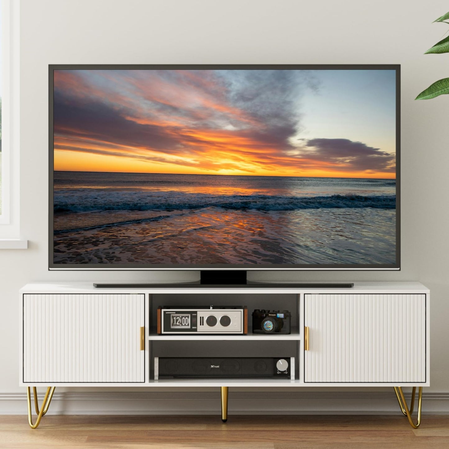 HEYZOEY White Fluted TV Stand, 2 Cabinets, Gold Legs, for TVs up to 65 in