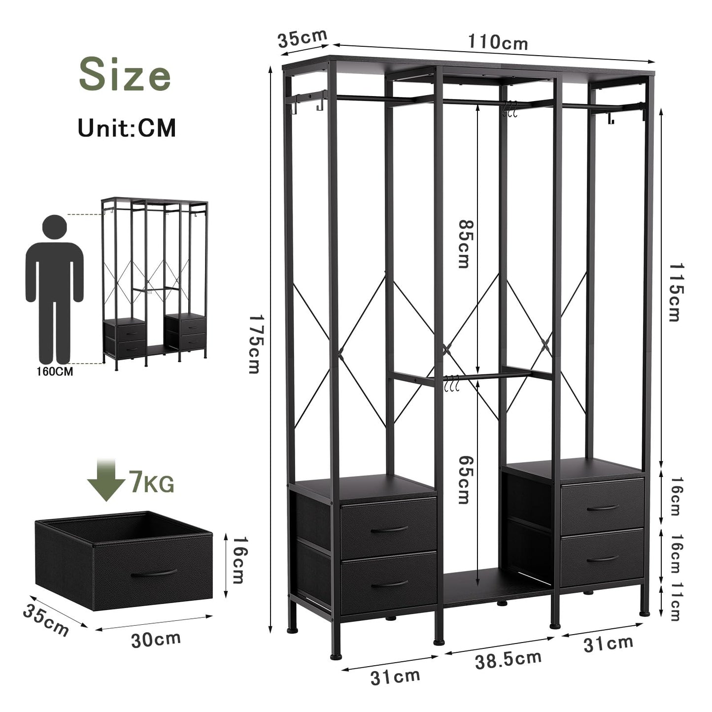 Mintnook Heavy Duty Clothing Rail，Wardrobe with 4 Drawers，Black