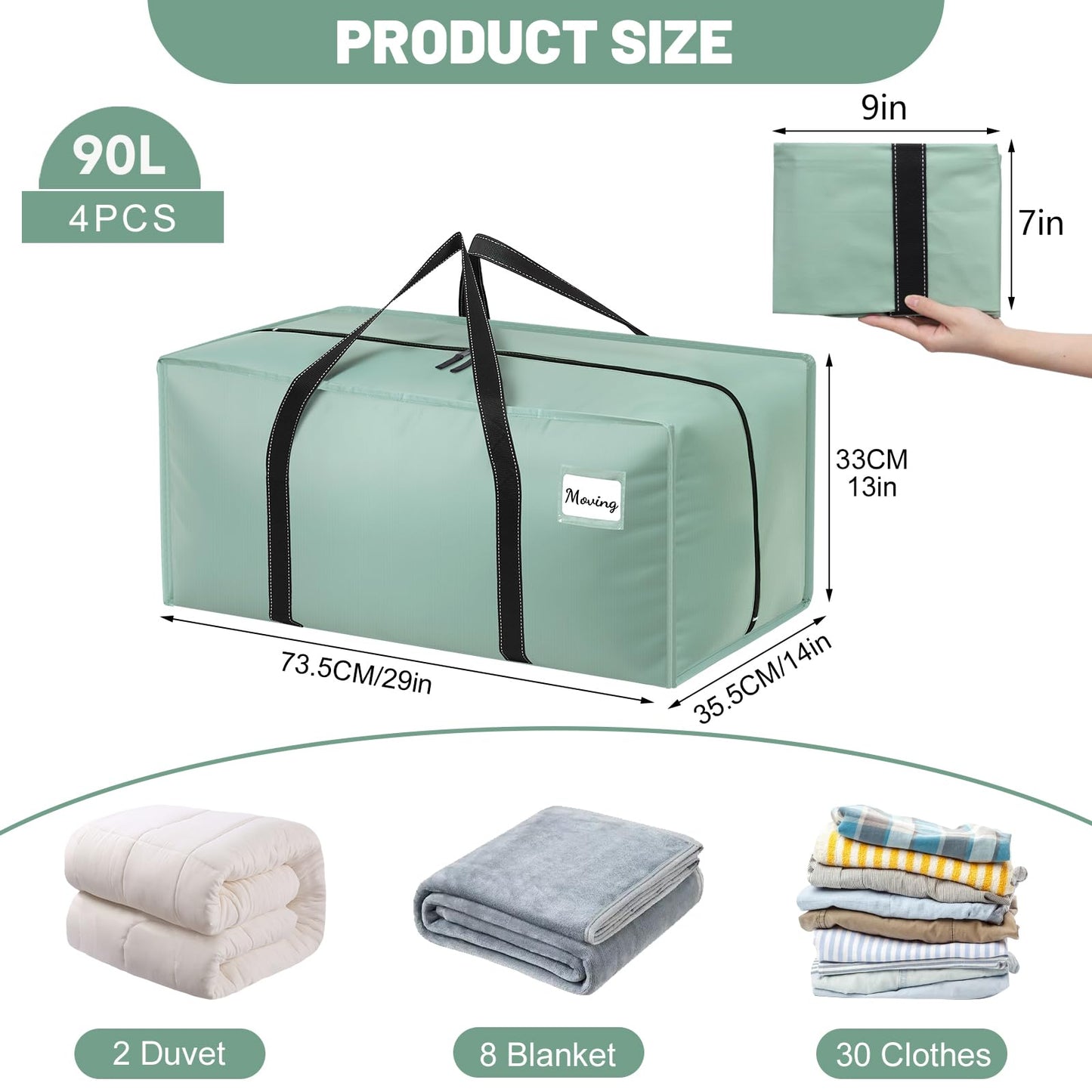 Dntorx 4 Pack 90L Moving Bags, Waterproof Storage Totes, Green