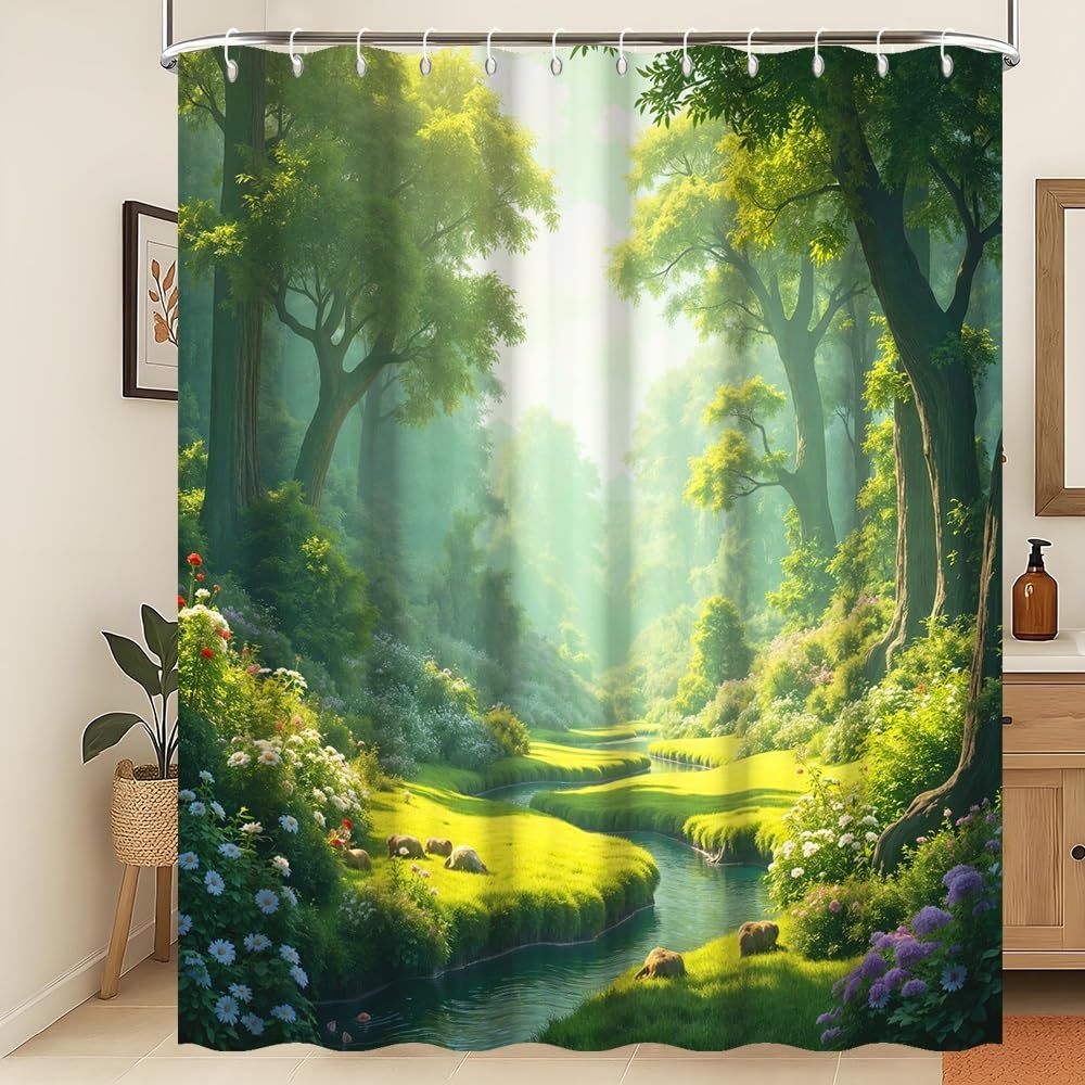 Xiaoterna Floral Plant Shower Curtain Green Spring Nature Forest Bathroom Curtain Green Tall Trees Blooming Flower River Stream Nature Shower Curtain