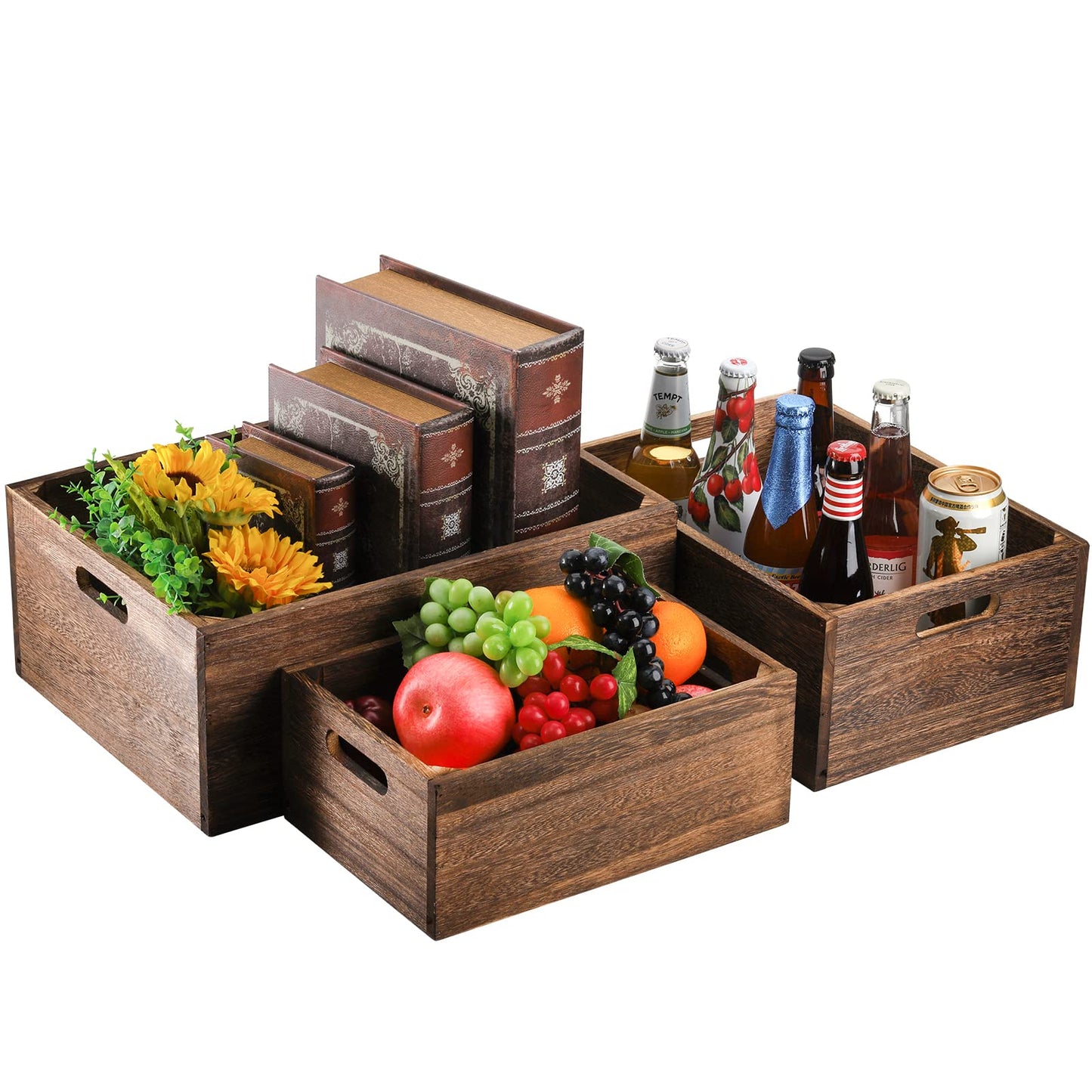 Frcctre Set of 3 Wooden Storage Boxes with Handles, Farmhouse Wood Decorative Boxes, Rustic Handmade Storage Containers, Natural Solid Wood Basket