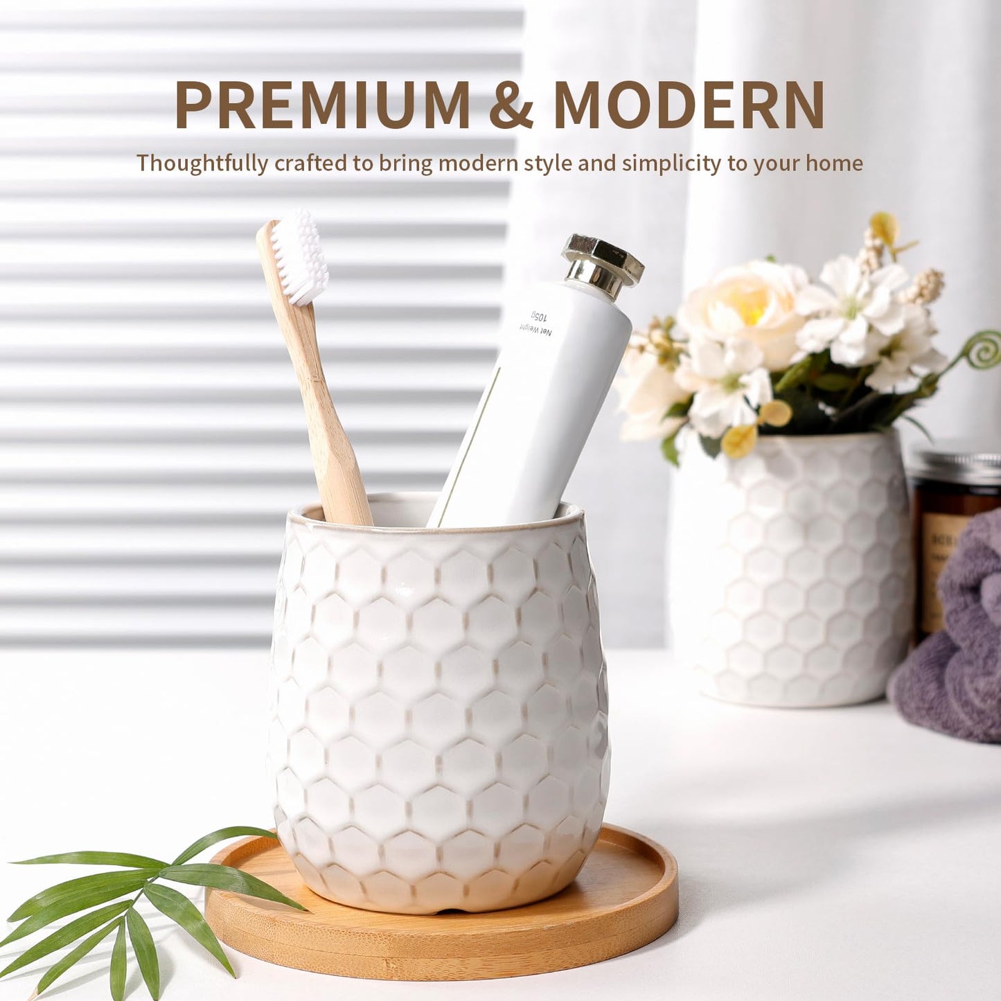 ANTIS'S HOME Ceramic Toothbrush Holder Cup, 400ml White Honeycomb Bathroom Tumbler – Modern Reusable Toothbrush Cup for Toothpaste