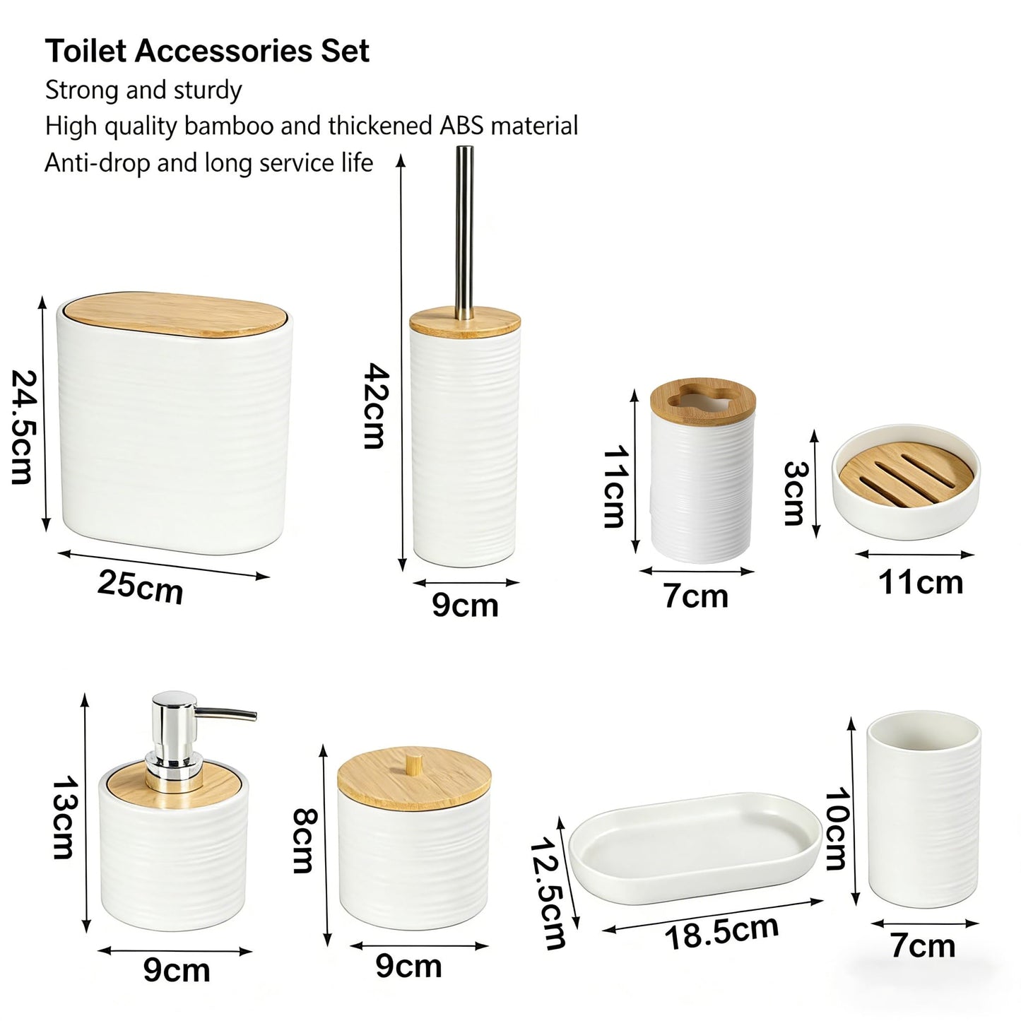 JETAINE Bathroom Accessories Set 8 Pieces, Bamboo Bathroom set Accessory, Luxury Toilet Accessories set w/Trash Can, Toilet Brush, Soap Dispenser