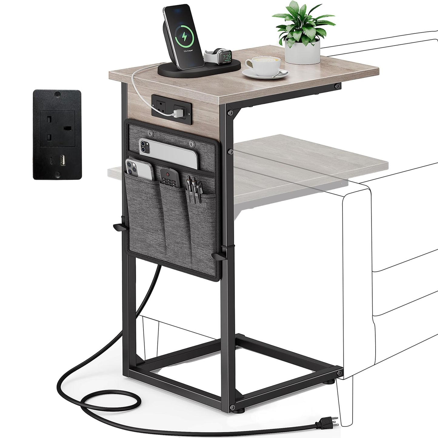 Vagusicc C-Shaped Side Table with Charging Station, Height Adjustable Sofa Side Table, Bedside Table, End Table for Small Spaces