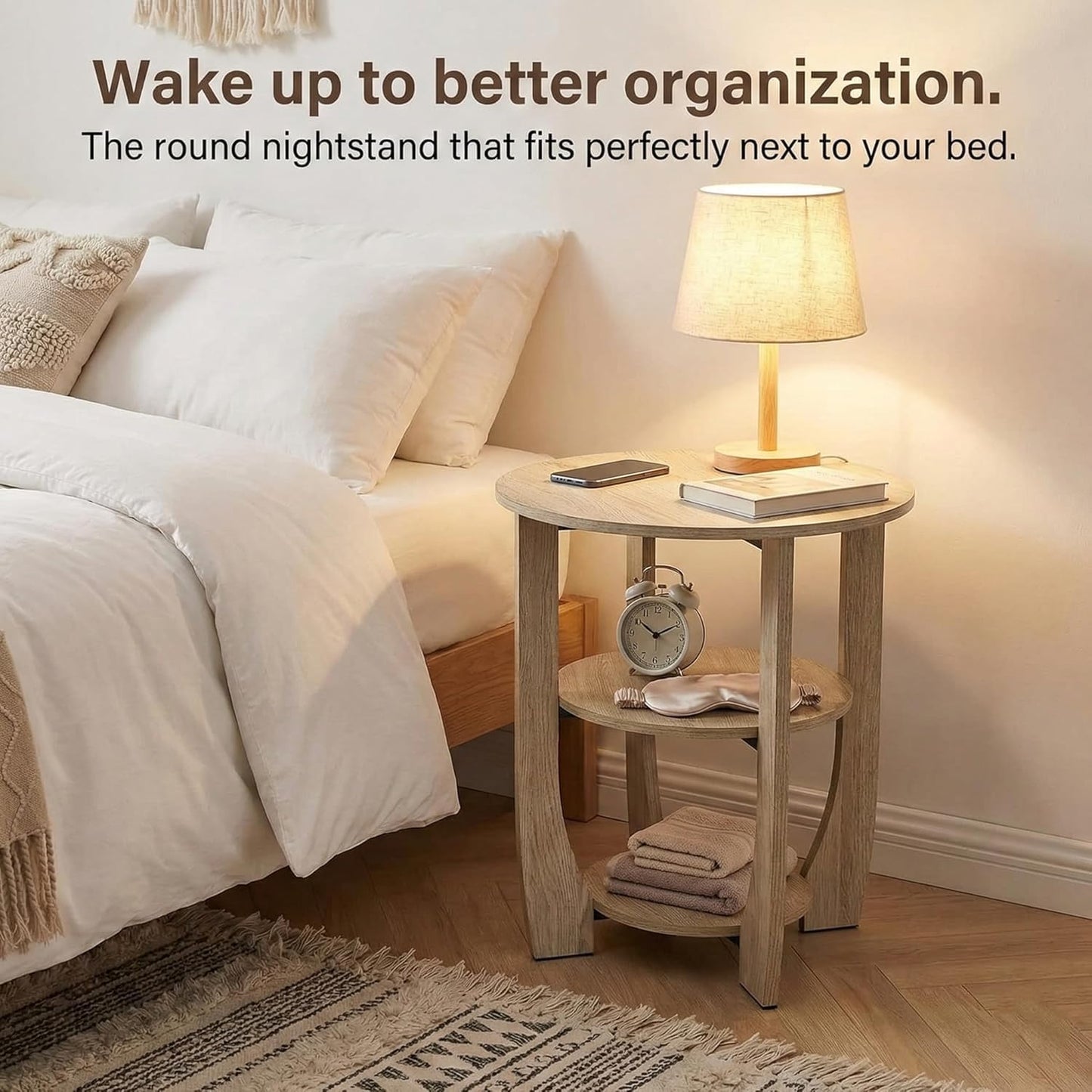 ZEXVIDA 3 Tier Round Side Table, Farmhouse Wood End Tables with Storage, Country Accent Small Sofa Bedside Table Coffee Table for Living Room Bedroom