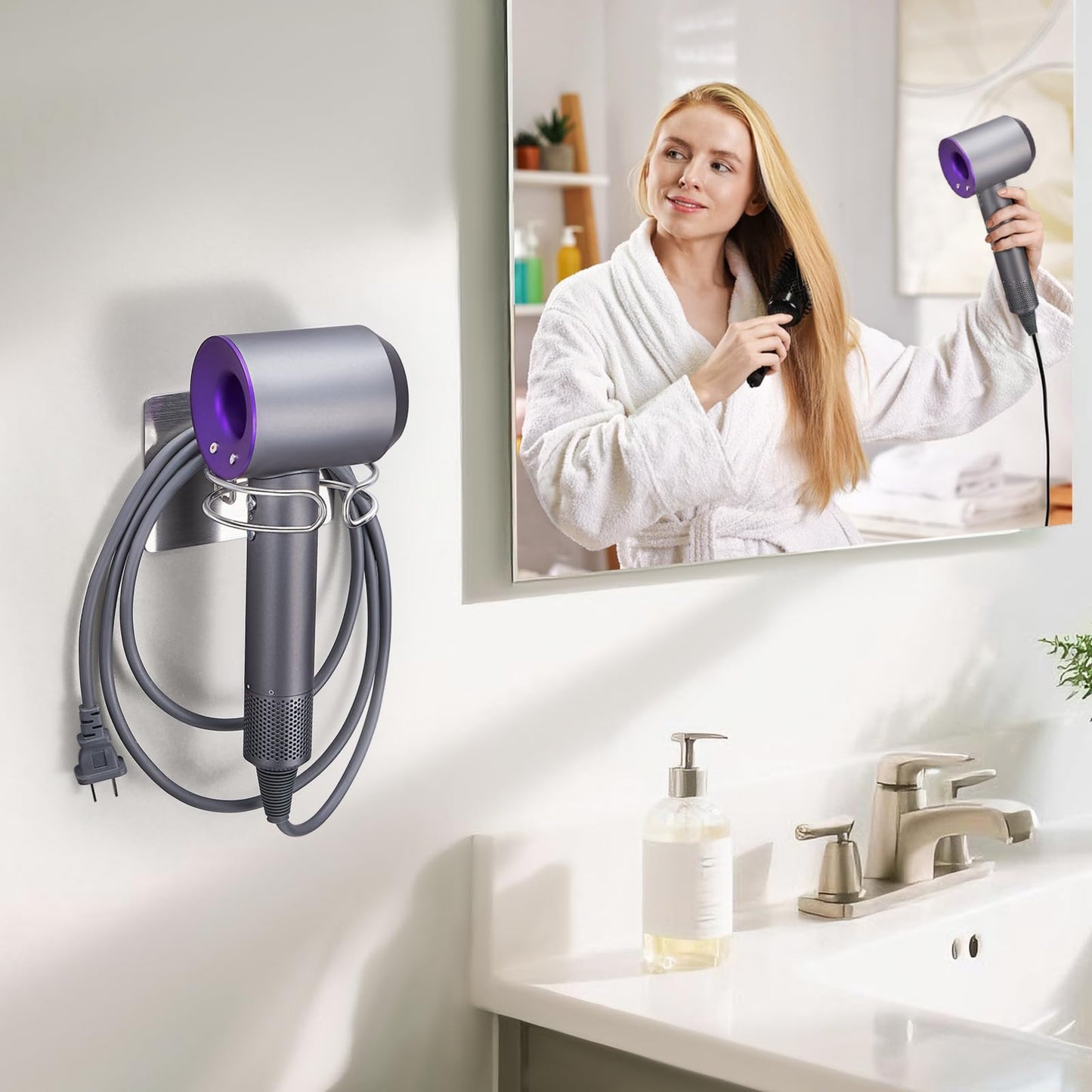 XILIMEN Hair Dryer Holder, Hairdryer Holder Wall Mounted, Hair Dryer Stand, Adhesive Hair Tool Organiser