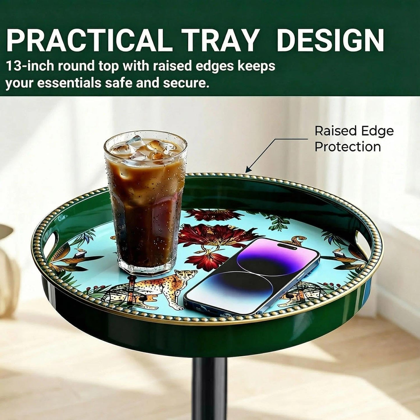 Simmer Stone Boho Round Side Table With Tray Top, Pedestal Drink Table for Small Spaces, Aesthetic Accent Nightstand for Living Room, Corners