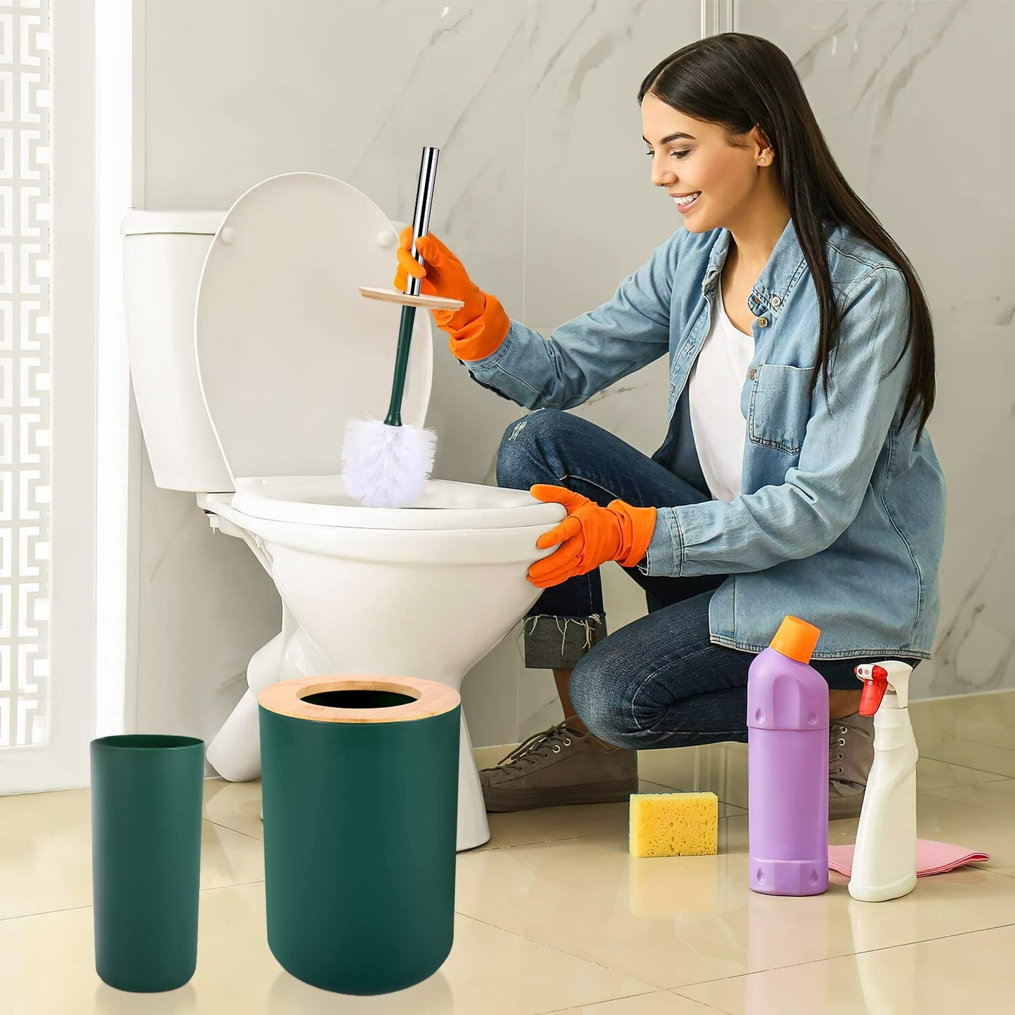 SLDIYWOW 9-Piece Dark Green Bathroom Accessories Set with Trash Can, Tray, Soap Dispenser, Toothbrush Holder, Toothbrush Cup, Soap Dish