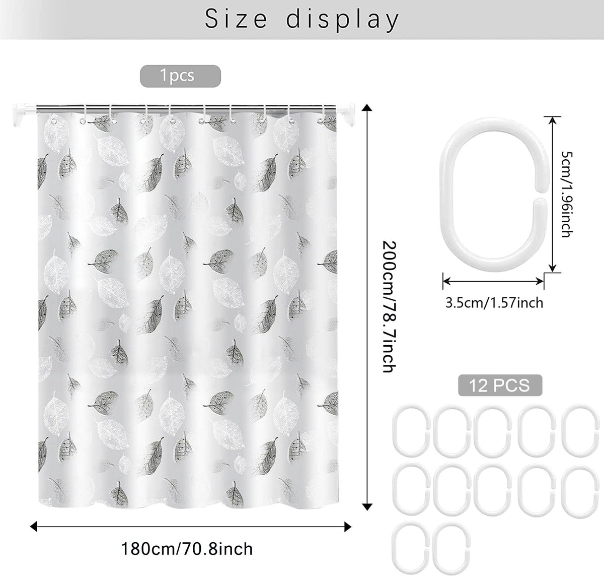 WOODFIB Shower Curtain, 100% PEVA Waterproof Anti-Mould Proof Resistant, Quick-Drying, Washable Bathroom Curtain, Includes 12 Pcs Curtain Hooks